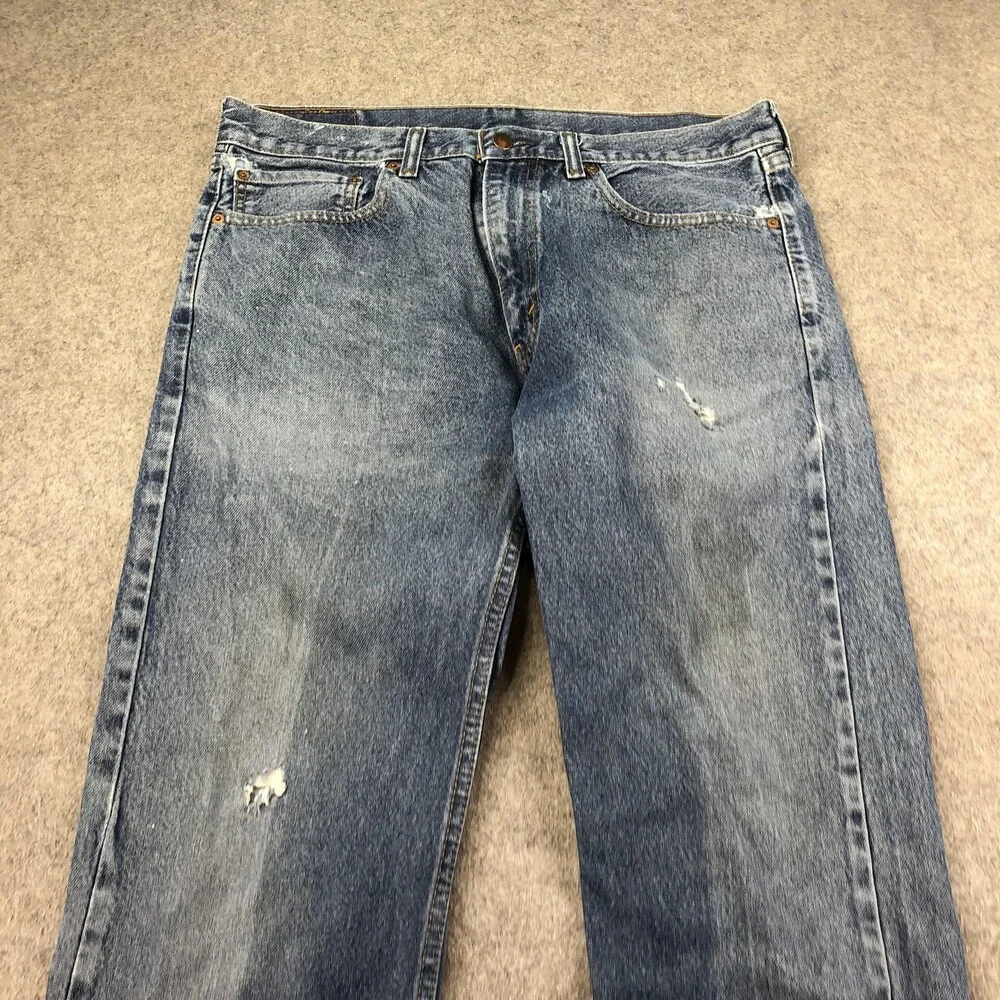 Levis 505 Jeans Mens 36x29 Blue Medium Wash Regular Straight Distressed Denim
